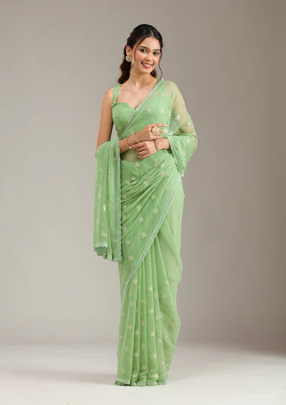 Pista Green Threadwork Chiffon Saree